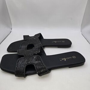 JUST be... Women's Black Rhinestone H-Strap Flat Slide Sandals US Size 8